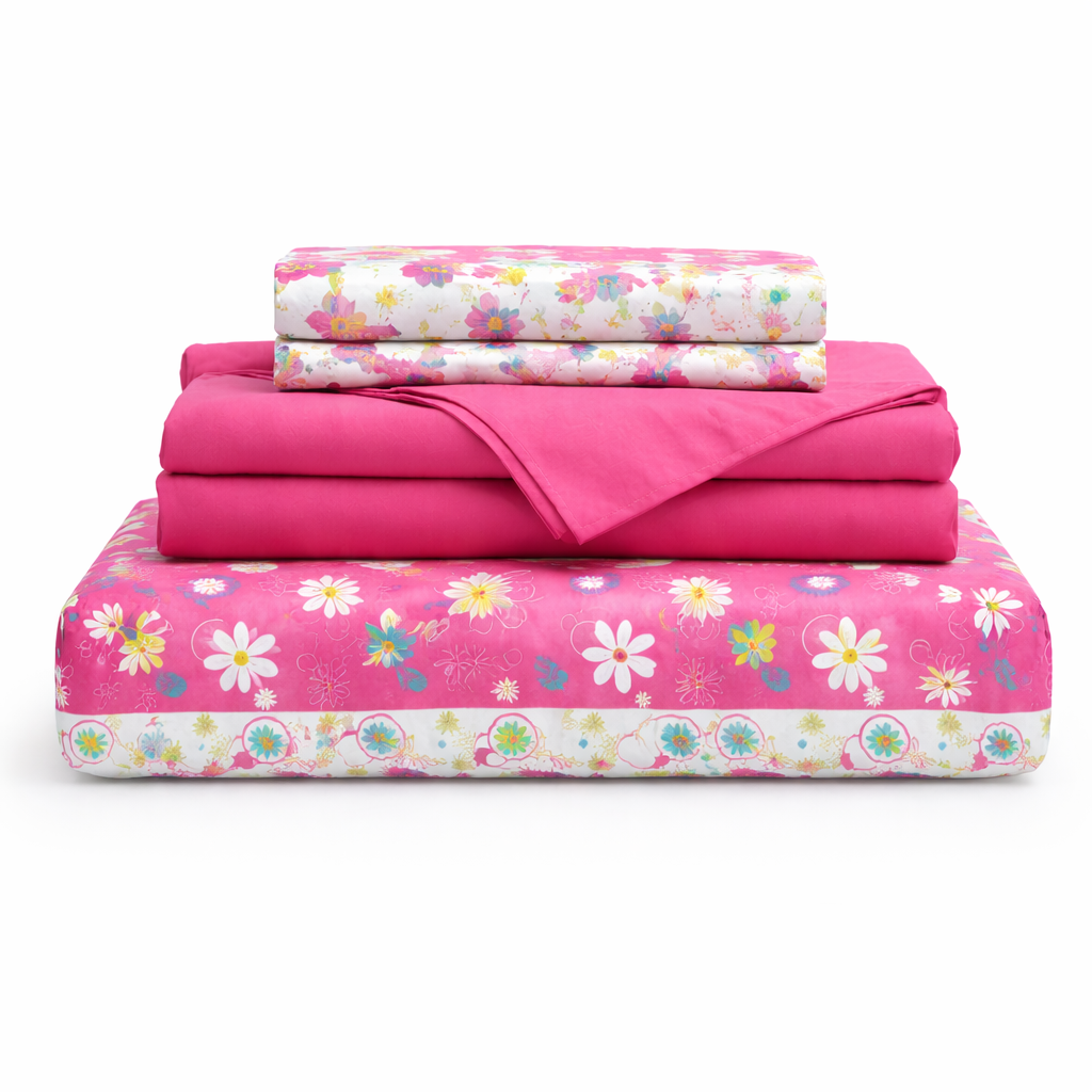 Juego de sabana estampada polialgodon flores rosada