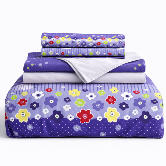 Juego de sabana estampada polialgodon flores lila