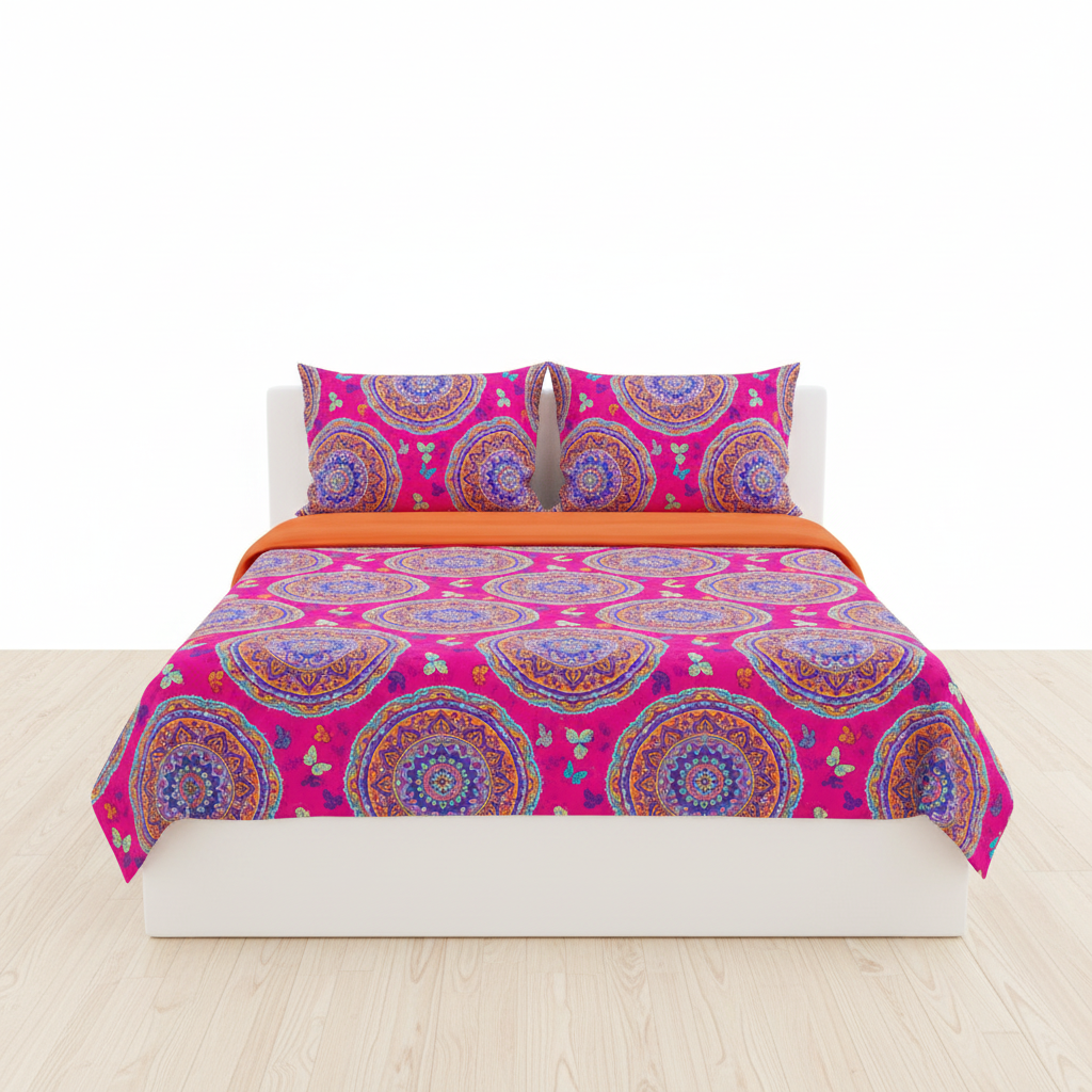 Juego de sabana estampada polialgodon mandala fucsia