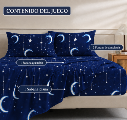 Juego de sabana estampada polialgodon luna azul