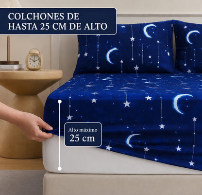 Juego de sabana estampada polialgodon luna azul