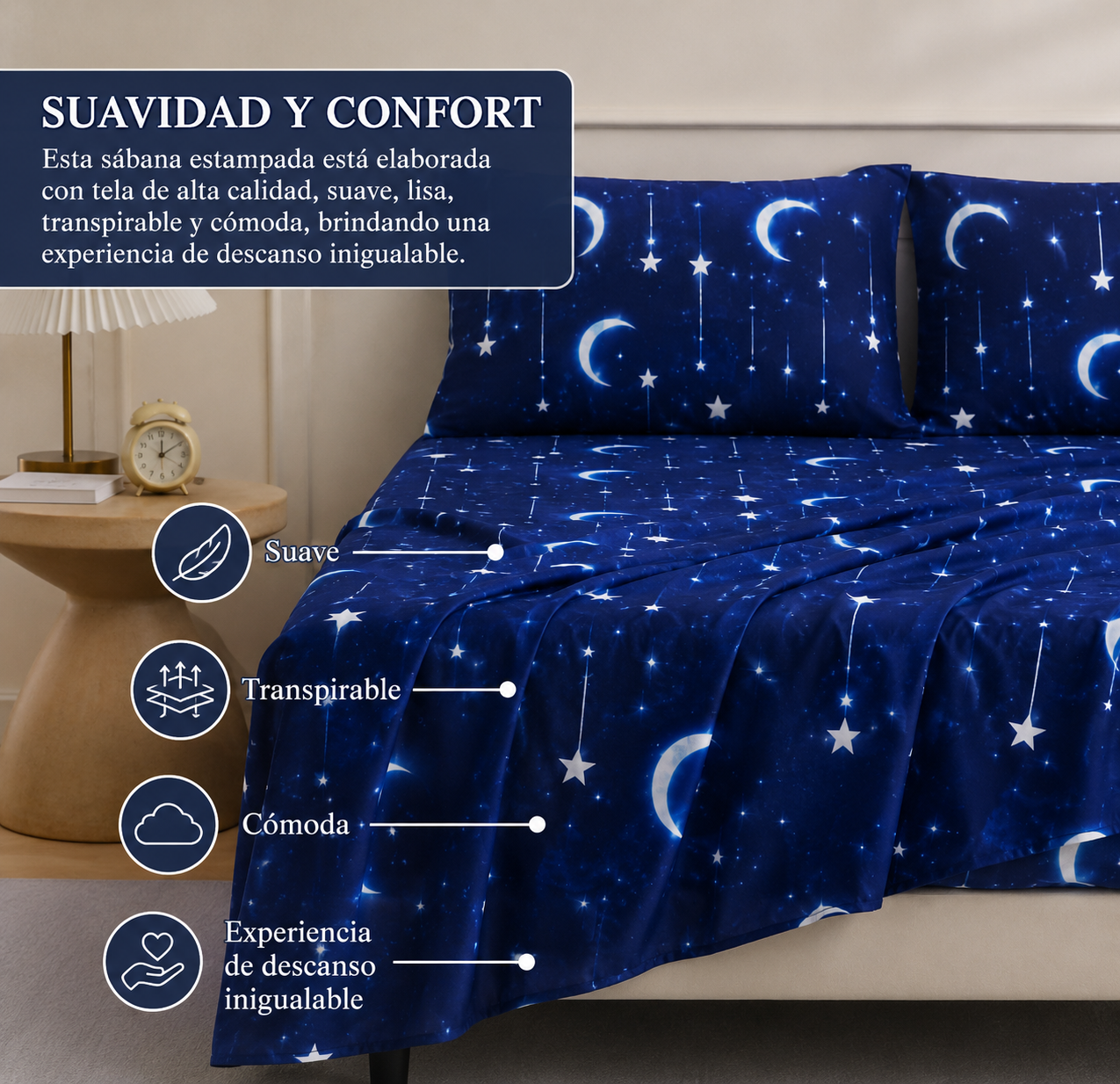 Juego de sabana estampada polialgodon luna azul