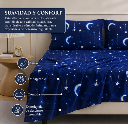 Juego de sabana estampada polialgodon luna azul