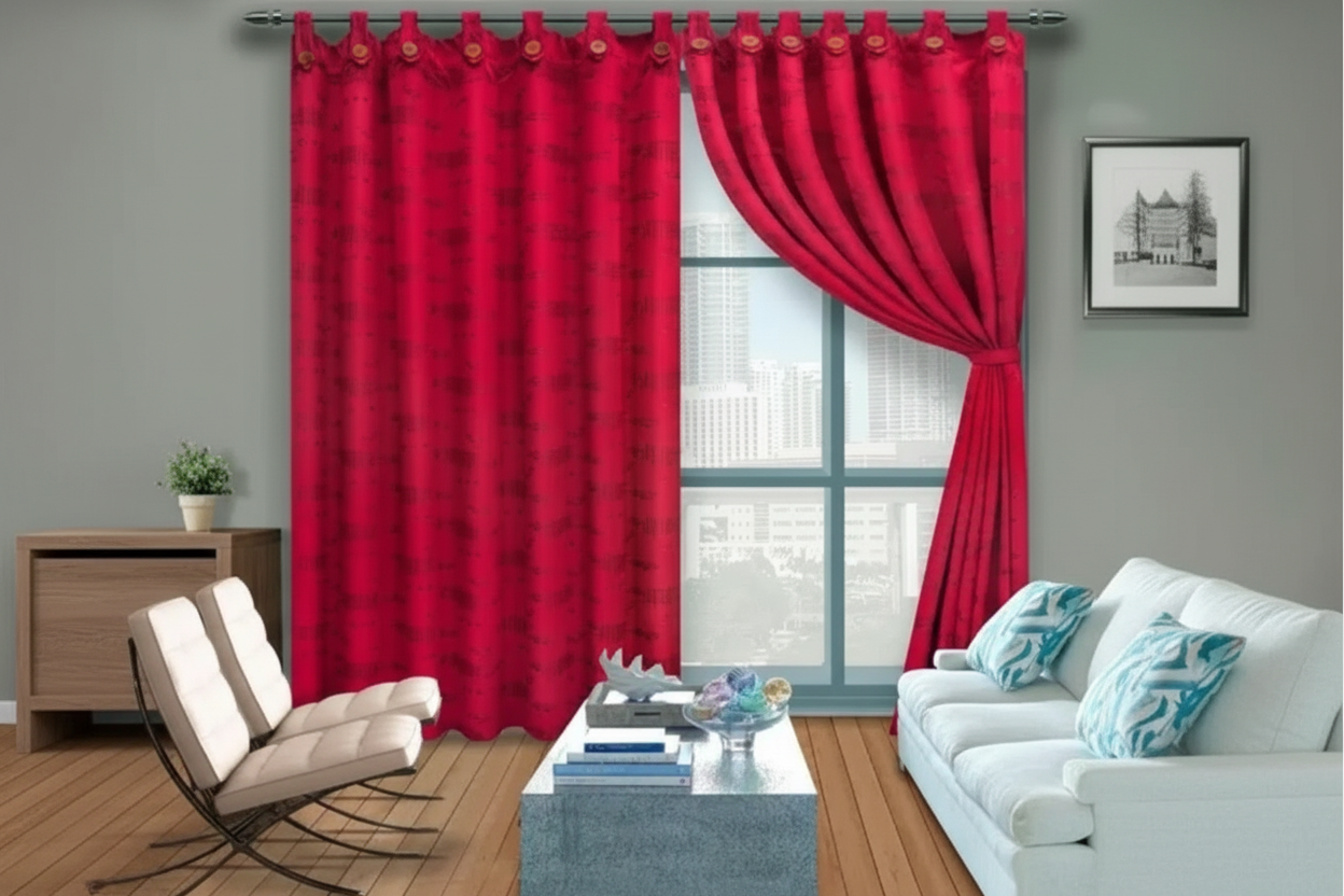 Cortina jaquard boton 2 paneles rojo