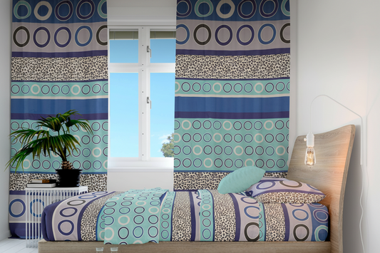 Juego de sabanas con cortina circulos azul