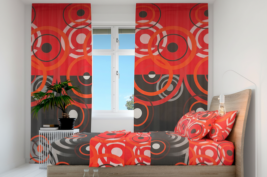 Juego de sabanas con cortina circulos rojos