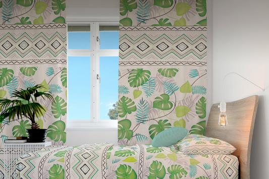 Juego de sabanas con cortina palmeras verdes