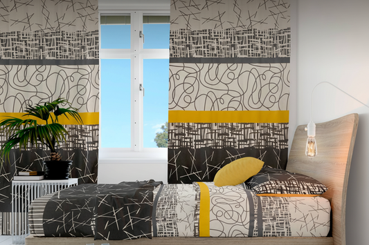 Juego de sabanas con cortina cuadros negros