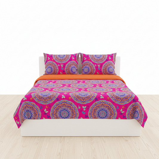 Juego de sabana estampada polialgodon mandala fucsia