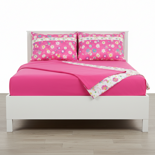 Juego de sabana estampada polialgodon flores rosada